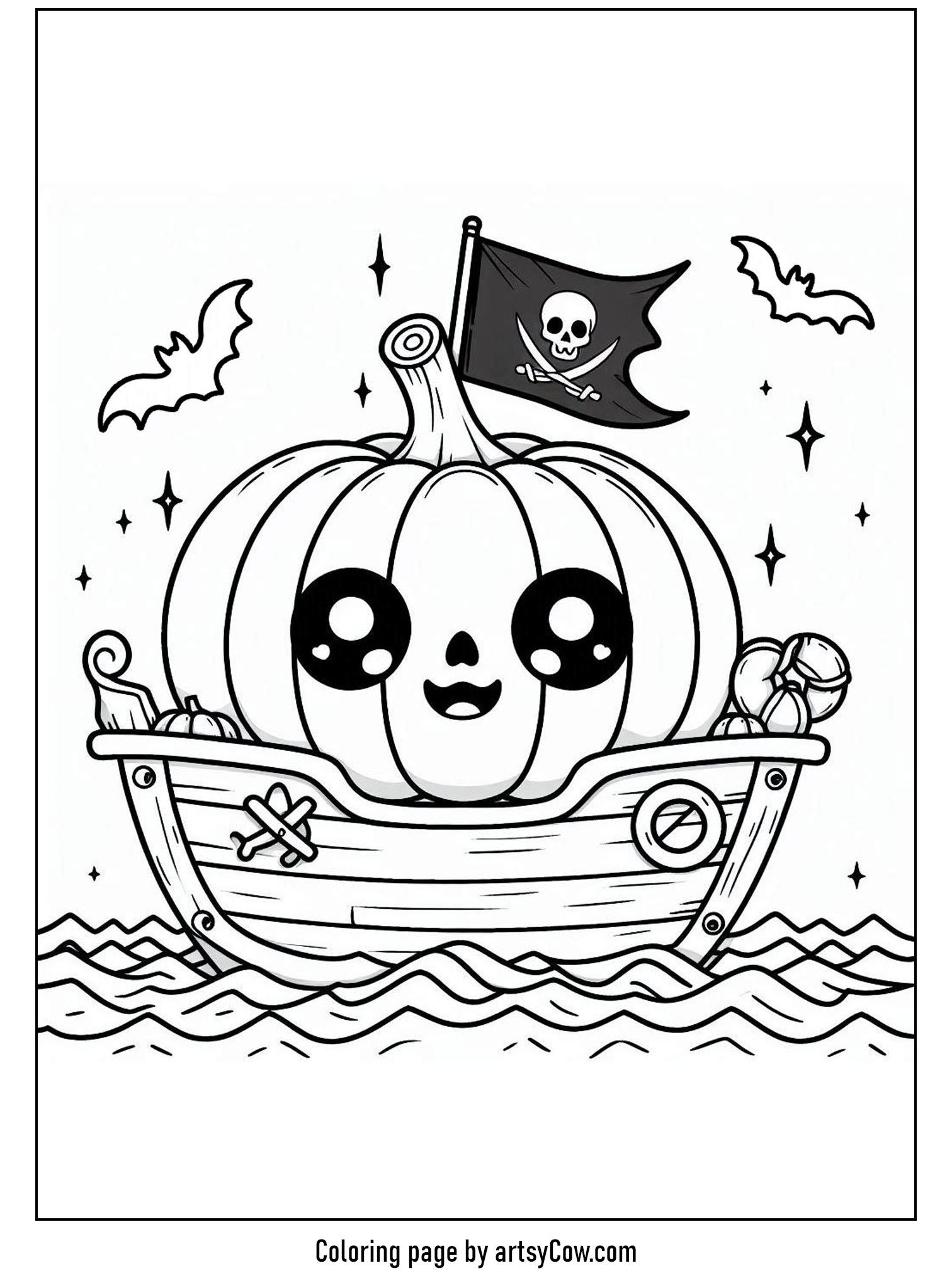 halloween coloring pages with jack-o-lantern featuring a cute jack-o-lantern in a pirate ship with a spooky flag, surrounded by bats and stars